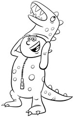 boy in dinosaur costume at Halloween party coloring book page