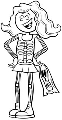 girl in skeleton costume at Halloween party coloring book page