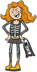girl in skeleton costume at Halloween party cartoon illustration