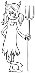 girl in devil costume at Halloween party coloring book page