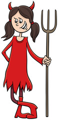 girl in devil costume at Halloween party cartoon illustration
