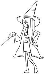 girl in witch costume at Halloween party coloring book page