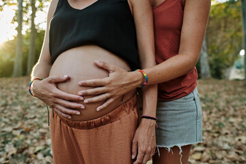 Closeup of a lesbian couple holding their belly bump in a park - pregnancy