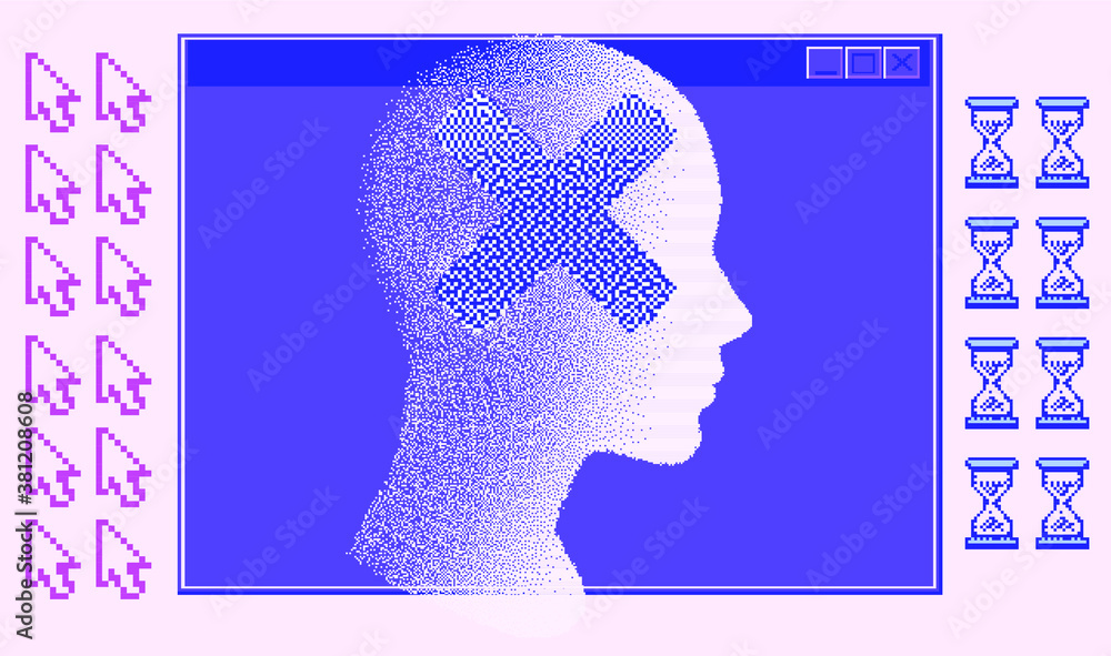 Aufkleber retrofuturistic poster with human head silhouette and user interface elements. cover for artificial 