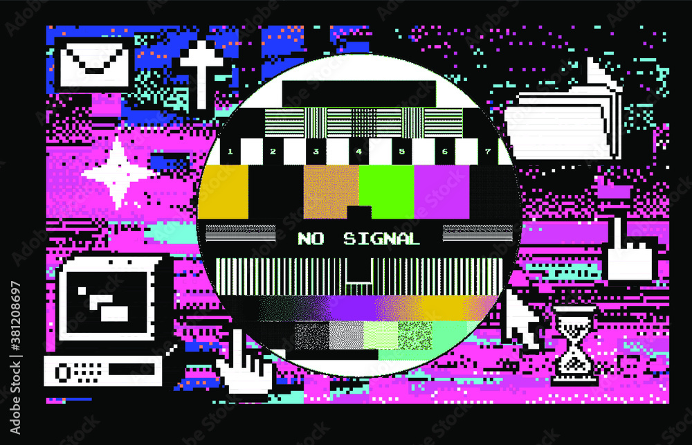 Poster glitch datamoshing camera effect. retro vhs background like in old video tape rewind or no signal tv
