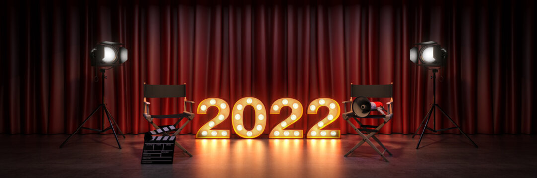 movie, cinema concept, marquee light 2022 letter sign. Director's chair and movie clapper. 3d rendering