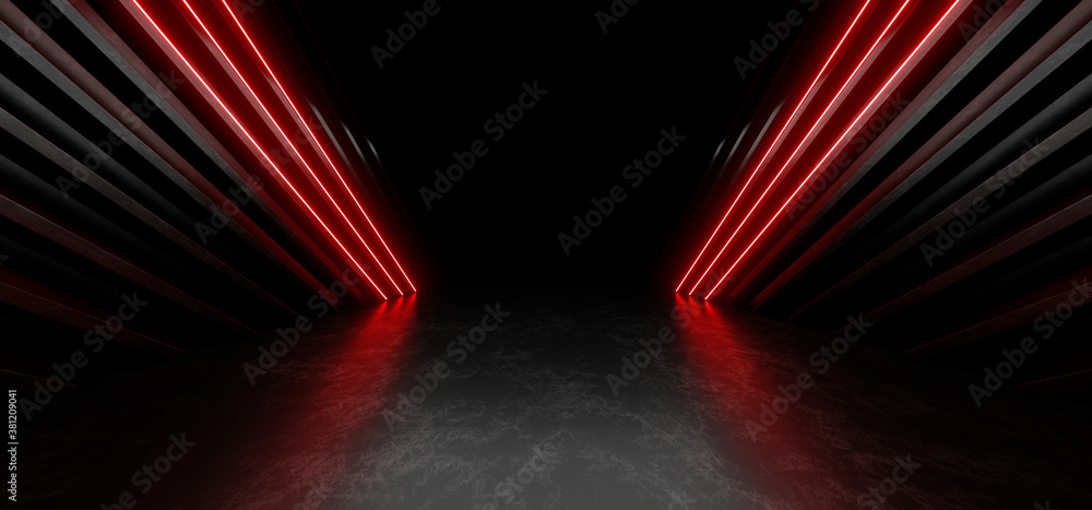 Poster a dark corridor lit by colorful neon lights. reflections on the floor and walls. 3d rendering image.