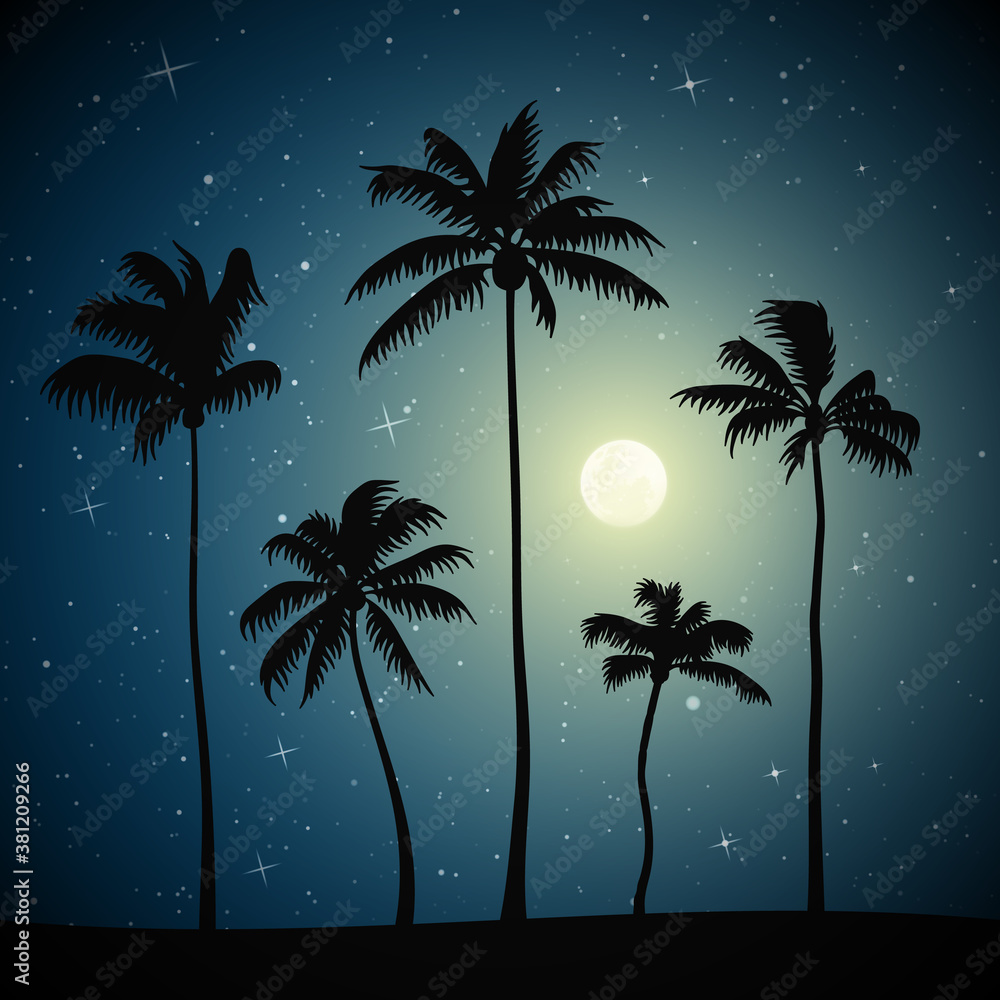 Sticker landscape with palm trees on beach on moonlight night. blue mysterious background with full moon in 