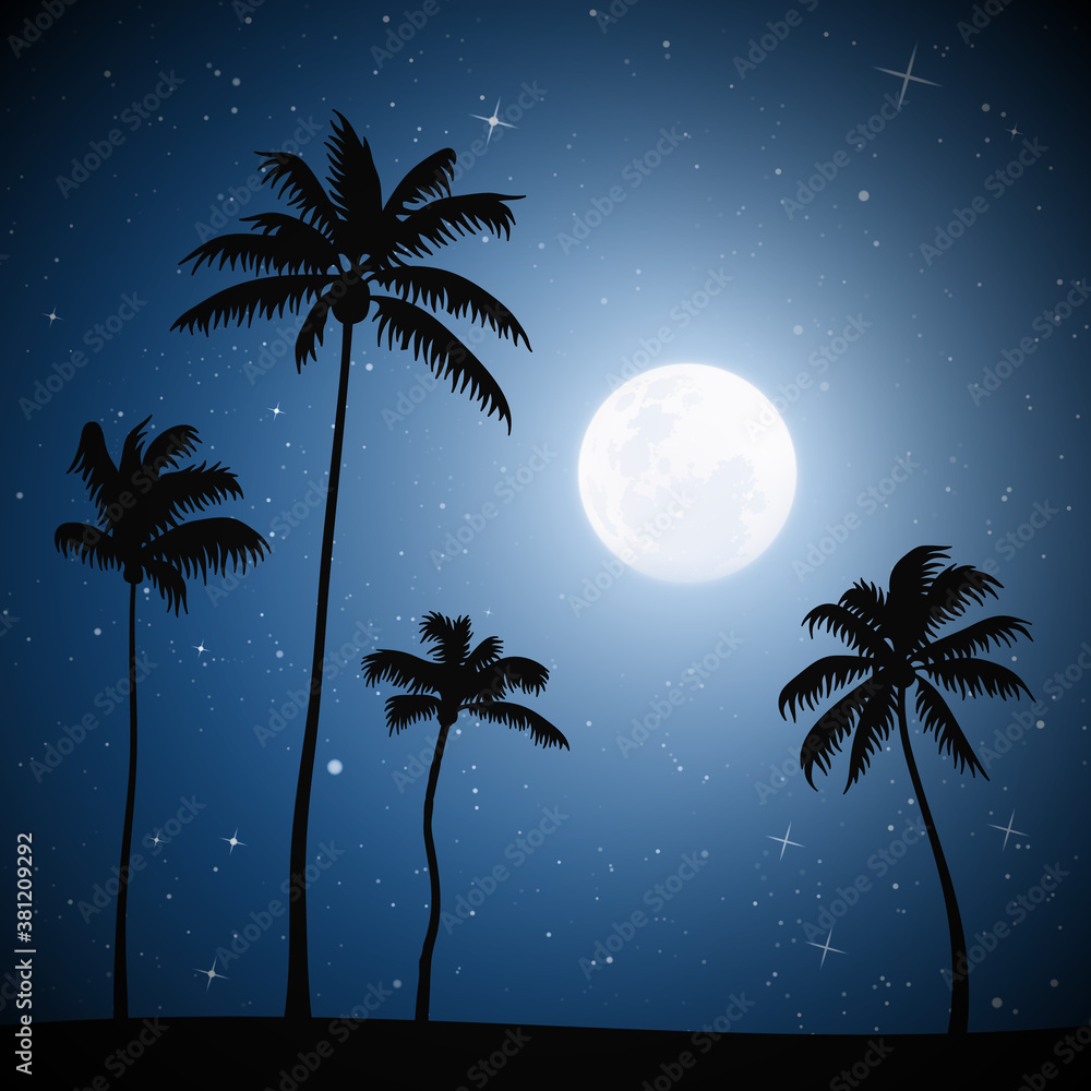 Sticker landscape with palm trees. full moon in night starry sky