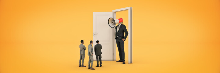 businessman with a megaphone instead of his head at the entrance of a door. 3d rendering