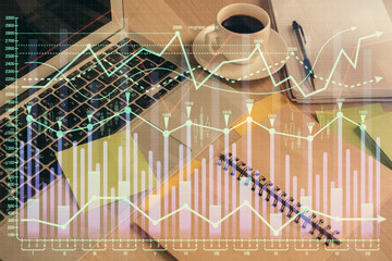 Multi exposure of forex graph drawing and desktop with coffee and items on table background....