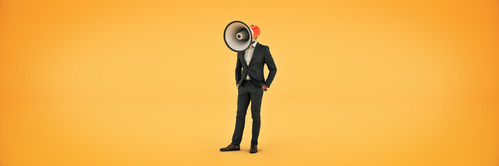 businessman with a megaphone instead of his head. 3d rendering - obrazy, fototapety, plakaty