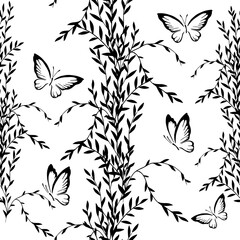 Fototapeta premium Seamless monochrome floral background with butterflies. Vector illustration