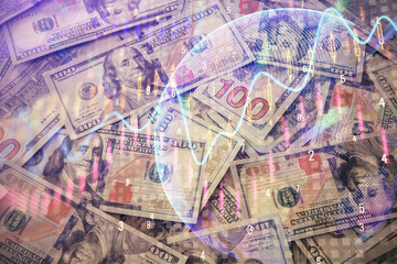 Multi exposure of forex chart drawing over us dollars bill background. Concept of financial success markets.