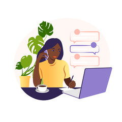 African woman works on a laptop computer and talks on the phone sitting at a table at home with a Cup of coffee and papers. Vector illustration. Flat.
