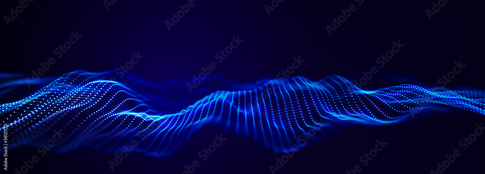 Poster Digital technology background. Dynamic wave of glowing points. Futuristic background for presentation design. 3d