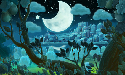 cartoon scene with forest by night - illustration for kids