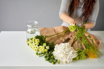 Bouquet 004, step by step installation of flowers in a vase. Flowers bunch, set for home. Fresh cut flowers for decoration home. European floral shop. Delivery fresh cut flower.