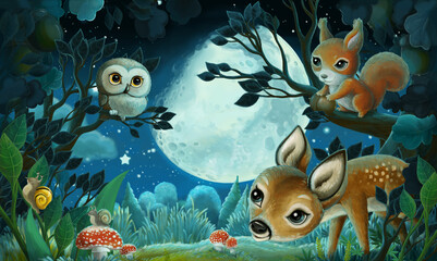 cartoon scene with forest animals by night squirrel fox owl deer - illustration