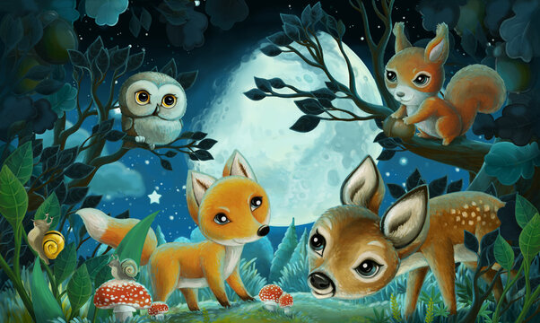 cartoon scene with forest animals by night squirrel fox owl deer - illustration © honeyflavour