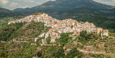 Fototapeta na wymiar Rivello: characteristic typical village perched on a mountain in Potenza province, Basilicata, Italy.