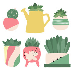 Cacti and Succulents in pots. Cute Cactus and Succulent clipart, Colorful Flower Pot, Safari Plants. Houseplant Bundle. Vector design for stikers, greeting cards, stationery​ and posters. Hand drawn.