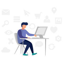 Sitting Man Working On Laptop - Stock Vector Illustration