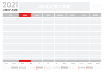 Weekly planner for diary, organiser, notebook with calendar 2021 for companies and private use. Week Starts Sunday. Vector illustration. © Aliaksandr Ivanou