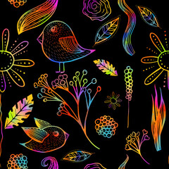 Decorative birds and flowers seamless pattern. Multicolored pattern. Mixed media. Vector illustration