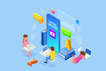 E-learning, Online Education at Home. Isometric concept for Digital Reading, E-classroom Textbook, Modern Education, Online Training and Course, Audio Tutorial, Distance Education, Ebook and Students