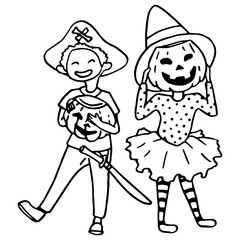 Halloween kids sticker set on white isolated backdrop. Costumes for invitation or gift card, notebook, bath tile, scrapbook. Phone case or cloth print art. Doodle style stock vector illustration