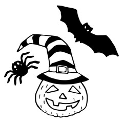 Pumpkin and bat icons on white isolated backdrop. Halloween symbols for invitation or gift card, notebook, bath tile, scrapbook. Phone case or cloth print art. Doodle style stock vector illustration