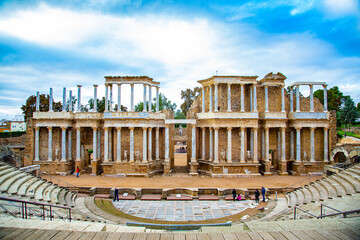 Roman Theater of Merida, with stage and columns in frontal view