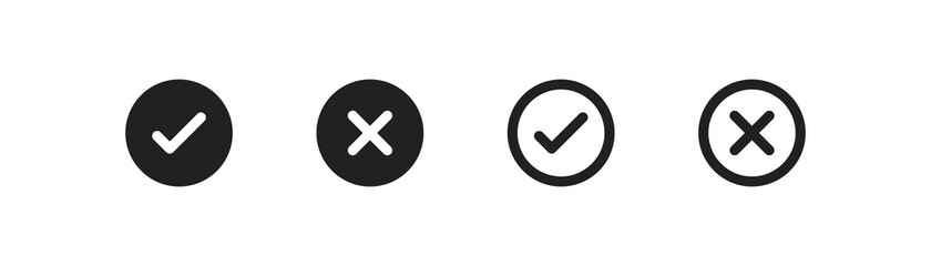 Obraz premium Check and cross mark black icon set. Yes, ok circle concept. Web button in vector flat