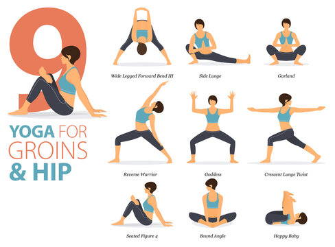 9 Yoga poses or asana posture for workout in Groins and Hip concept. Women exercising for body stretching. Fitness infographic. Flat cartoon vector.