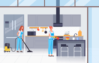 Women cleaning workers characters clean kitchen. Cleaning service concept. Vector flat graphic design illustration