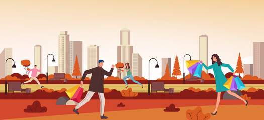 People characters running for autumn sale discount. Vector flat graphic design illustration