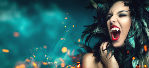 Vampire Woman with red bloody lips close-up. Vampire girl with fangs. Fashion Halloween art design....