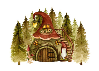 Watercolor gnome and house. Hand drawn illustration