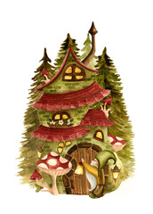 Watercolor gnome and house. Hand drawn illustration