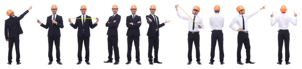 panoramic photo collage of architect expert isolated on white