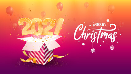 2021 Happy New Year vector illustration. Xmas celebrate on purple background. Merry Christmas celebration. Golden numbers fly out gift box