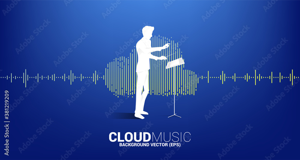 Poster vector silhouette of conductor standing with cloud music and sound technology concept .equalizer wav
