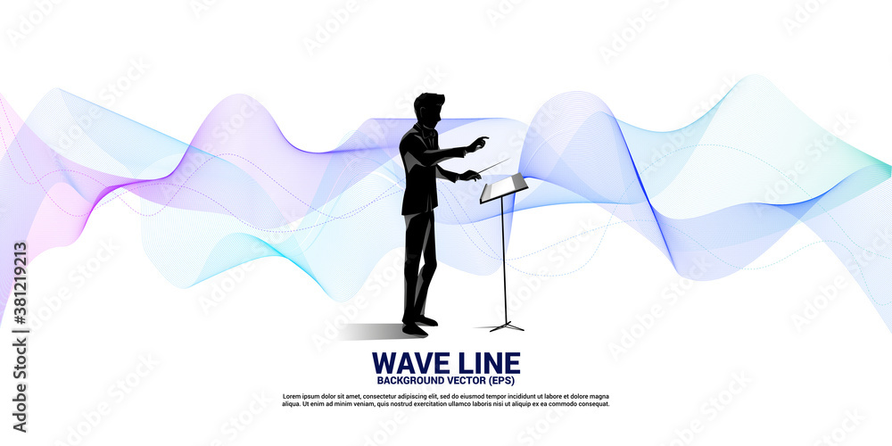 Poster vector silhouette of conductor standing with sound wave . concept background for orchestra concert a
