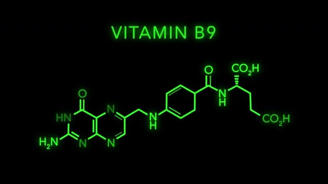 Folate also known as vitamin B9 and folacin Molecular Structure Symbol Neon Animation on black background