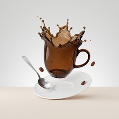 3d render, white ceramic saucer silver spoon and brown liquid splash in the shape of a cup, tea or coffee drink splash clip art isolated on white background.