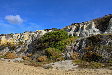 Fototapeta na wymiar Asperillo cliff to Castilla beach (Cuesta Maneli), a natural and protected beach area, located between Matalascañas Beach and Mazagón beach, surrounded by dunes, vegetation.