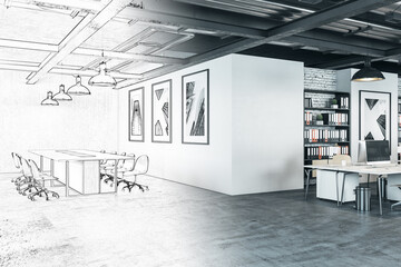 Drwaing office room with picture on wall.