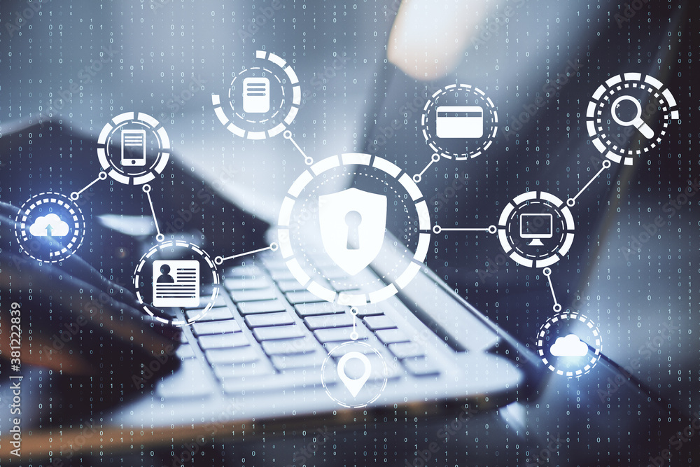 Poster hands using laptop with abstract glowing padlock hologram