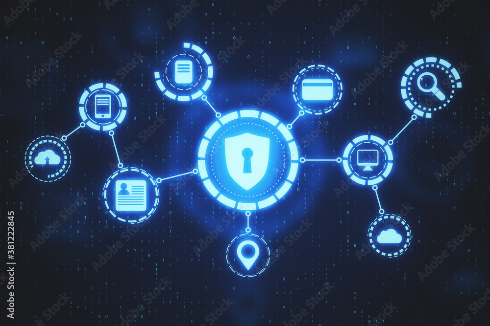 Poster abstract glowing digital security interface with icons.